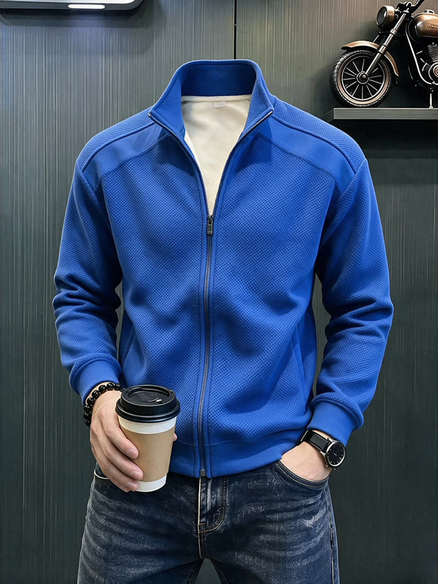 Cleanfit Men's Dragon Scale Pattern Open Cardigan Sweatshirt Casual Sport Jacket Deconstructed Patchwork Stand Collar Coat