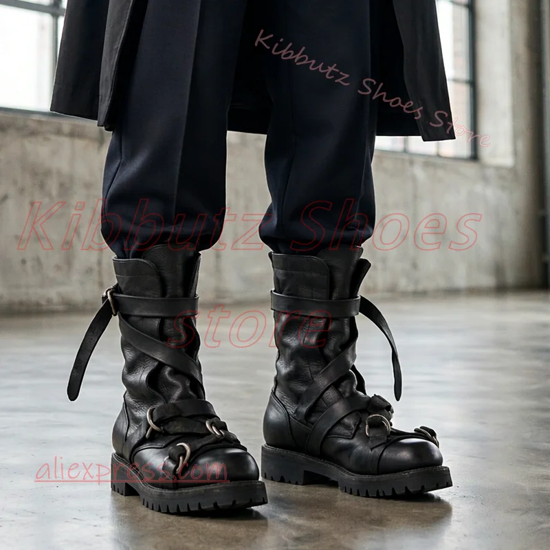 Platform Mid Calf Boot Vintage Distressed Leather Buckle Strap Metal Ring Round Toe Chunky Sole Punk Biker Shoes Leather Fashion