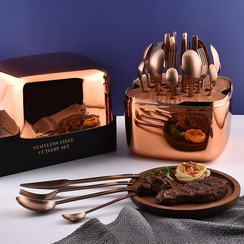 Lucky Square Box Silverware Set, Rose Gold Curved Handle Stainless Steel Cutlery for Hotel Wedding Catering