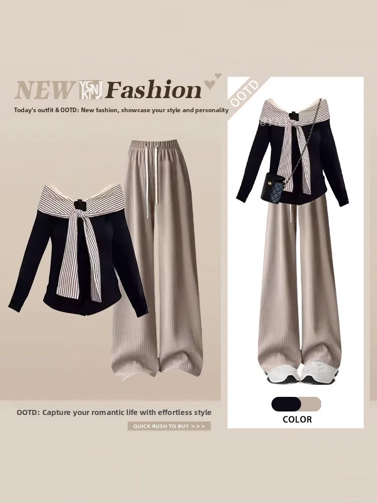 

Корейский женский комплект: черно-белая полосатая футболка на одно плечо и повседневные брюки цвета хаки с завязками на талии, дизайн с бантом, весенний стиль.