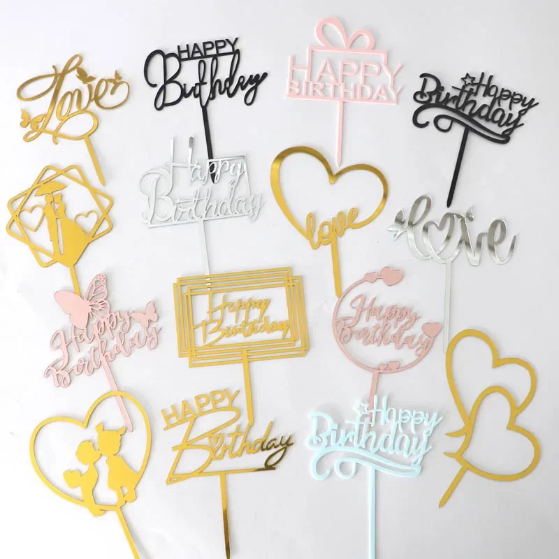 

10pcs/lot Gold Champagne Acrylic Happy Birthday Cake Toppers for Birthday Cake Decorations Love Sign for Anniversary Decor