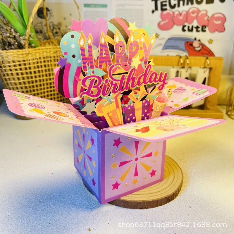 

1 pop-up Happy Birthday 3D gift box greeting card birthday wishes holiday universal gift cards envelope included