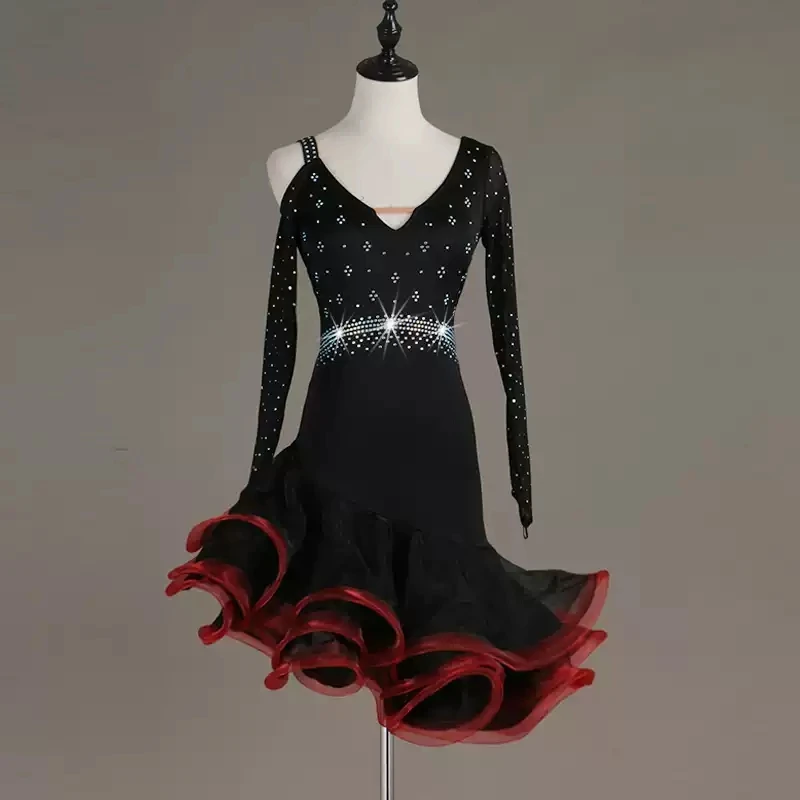 

Red Latin Dance Costume Stage Women Dress Ballroom Party Line Suit Practice Wear Clothes Female Skirt Girl Sport Prom Customized