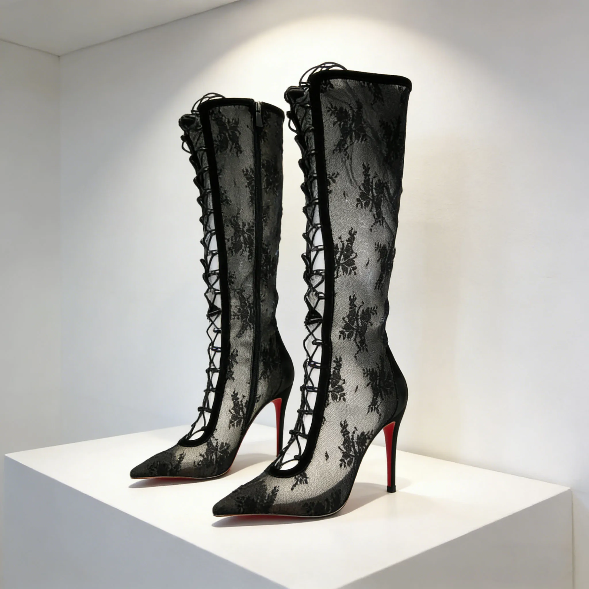 Women's Boots Hollow-Out Lace Mesh Uppers Sexy Lace-Up Black Heels Design Stiletto Sexy Pumps Pointy High-heeled Shoes