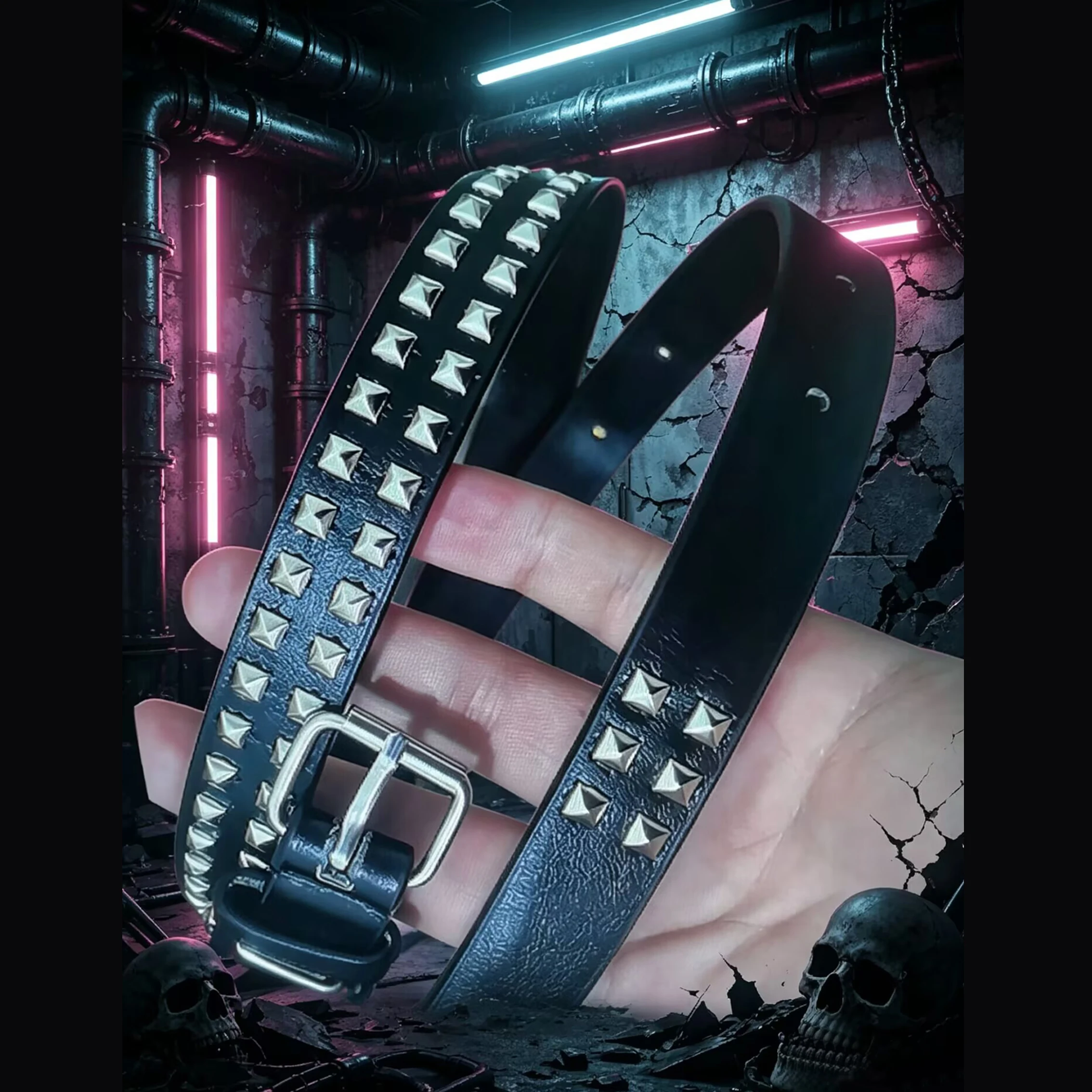 Euro-American Square Bead Rivet Belt Metal Thin Belt Unisex Cross-border Punk Style Jeans Fashion Commuter 0.75 Inch