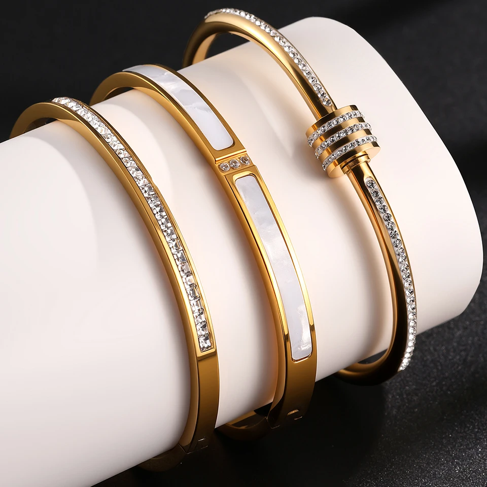 Fashion Zircon Inlaid Bracelet Three Piece Set For Women Gold color Stainless Steel Bracelet Party Daily Jewelry