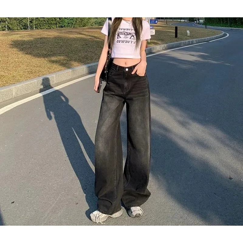

2025 New Y2K Versatile Black Gray Jeans for Women, Straight Loose High Waist Slimming Narrow Wide Leg Floor-Length Pants