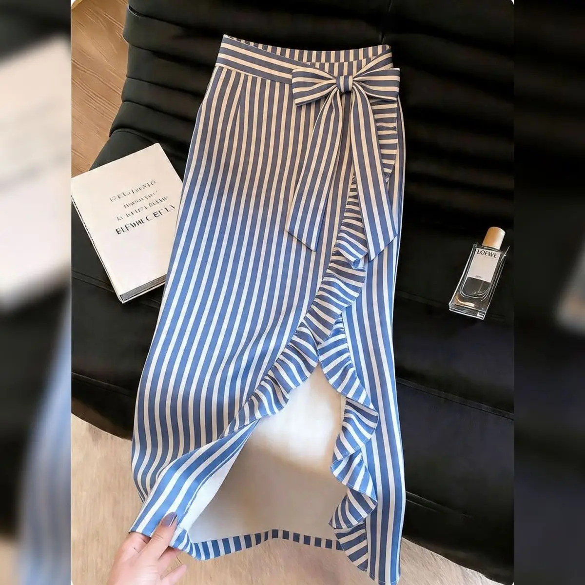 Blue Striped Lace-up Bow Skirt High Waist Irregular Long Skirt Women