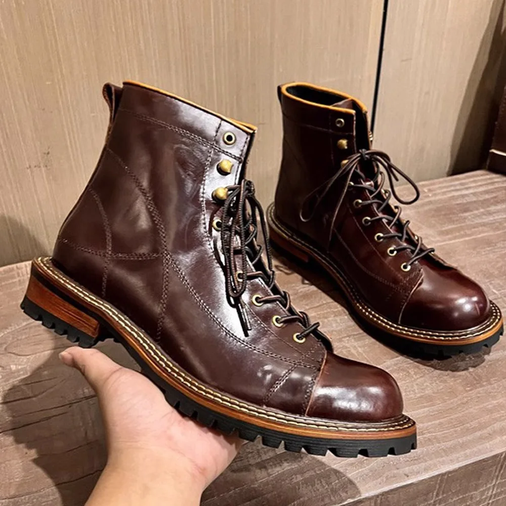 Men's Cow Genuine Leather Motorcycle Boots Brogue Shoes Retro High-top Round Toe Mid-calf Chelsea Boots Western Cowboy Boots