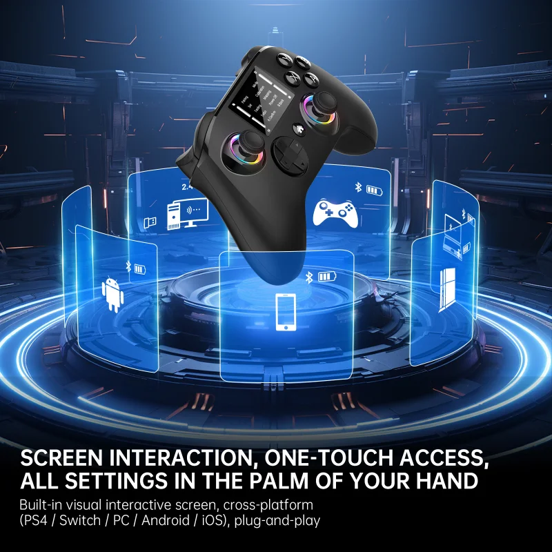 An interactive wireless game controller with a detachable stand, compatible with PC, PS4, Switch, Android, and iOS devices. It features 4 programmable buttons, rapid-fire functionality, a 6-axis gyroscope, dual vibration feedback, and RGB lighting effects