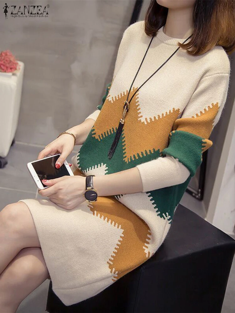 Women Knitted Knee Length Dress ZANZEA 2025 Autumn Long Sleeve Vestidos Elegant O-Neck Robe Colorblock Wavy Printing Sundress