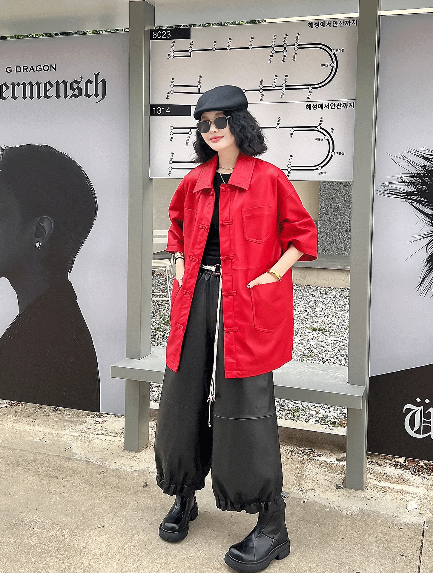 

Retro Button Genuine Leather Jaet Women's New Sle Stand Collar Loose Medium Length eepskin Coat Commute Sle