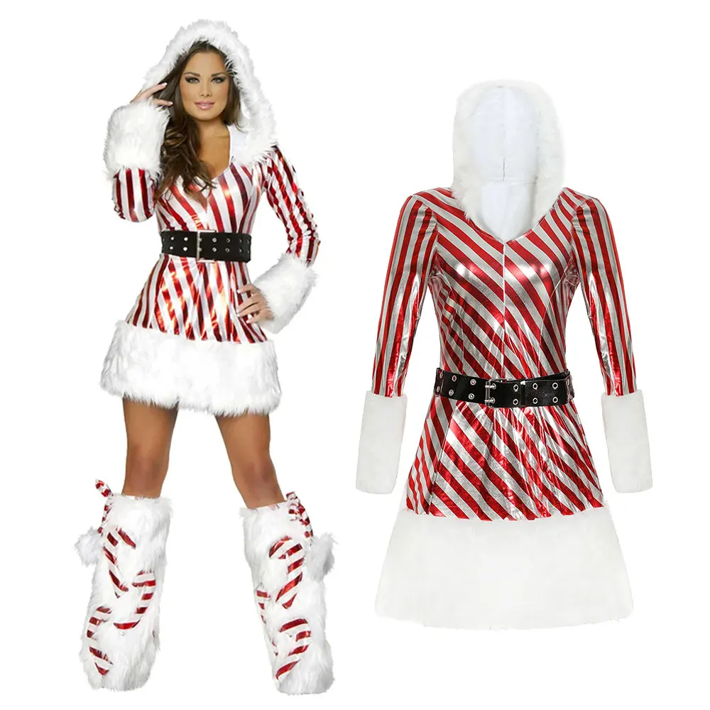 

Winter Velvet Striped Mrs Claus Santa Cosplay Costume Women Christmas Hooded Dress Up Xmas Holidays Party Fancy Dress