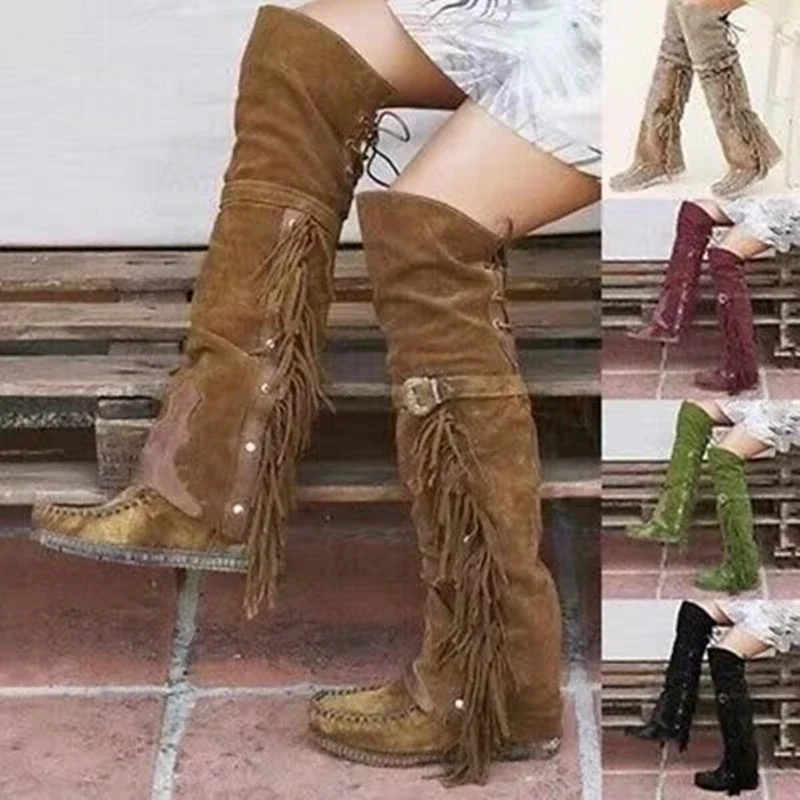 Suede Over The Knee Flat Boots Winter Sewing Thread Tassel Runway Shoes Round Toe Lace Up Belted Boots Warm Genuine Leather