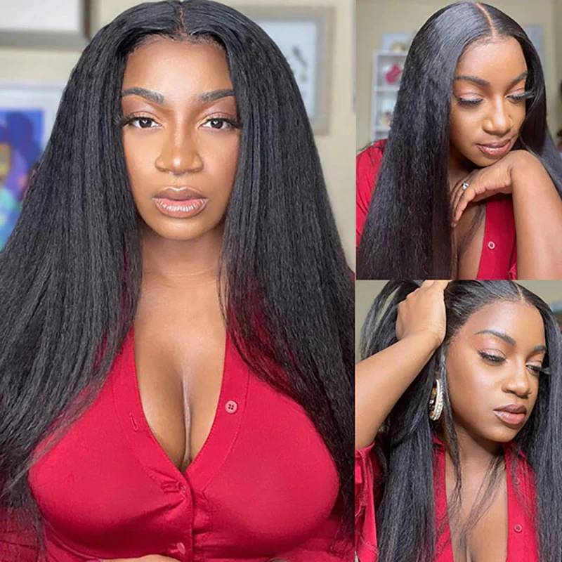 180 Density Kinky Straight Human Hair Wig 13x4 Lace Front Human Hair Wig Pre Plucked 4x4 Lace Frontal Wigs Human Hair Brazilian