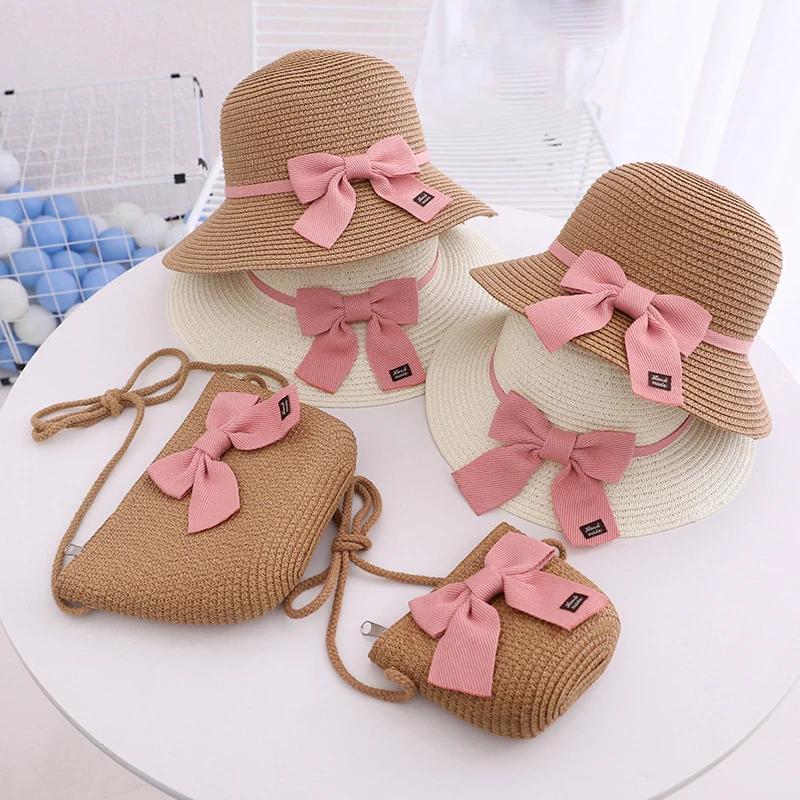 Women Girls Hat Summer Sun Protection Bucket Hat Straw Floppy Bow Tie For Girl Baby Mom Parent-Child Cap Crossbody Bag Wholesale