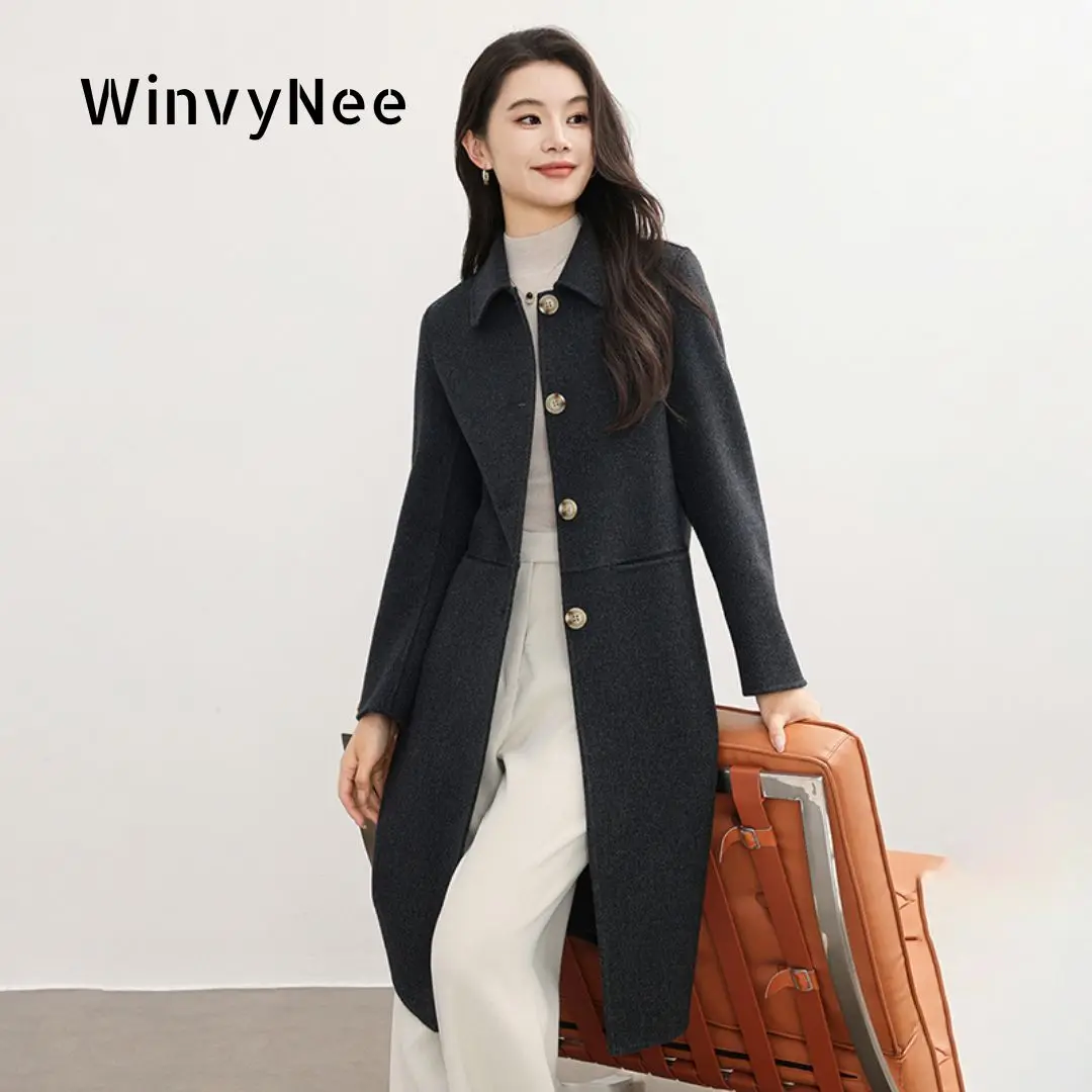 WinvyNee Zimowe Długie Płaszcze Damskie z Wełny z Kieszeniami Jednostronne Szare Wełniane Płaszcze Modne Eleganckie Płaszcze Zapinane na Guziki H1643007