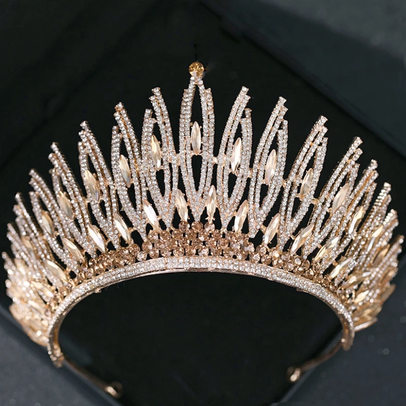 Luxury Crystal Gold Color Big Crown Tiara Queen Women Beauty pageant Prom Crowns Tiaras Wedding Bridal Hair Jewelry Accessories