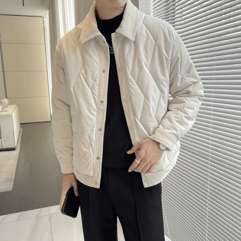 Mens Trendy Lapel Spliced Jacket Diamond Quilted Thick Warm Cotton Coat Winter Casual Outerwear