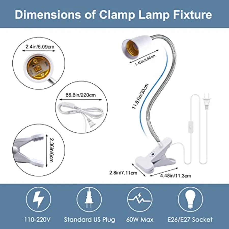 Flexible Aluminum Neck Clip Lamp Holder, 360Adjustable Socket, E26/E27 Clamp Light Fixture with 220 CM Switch and Plug Cable, D