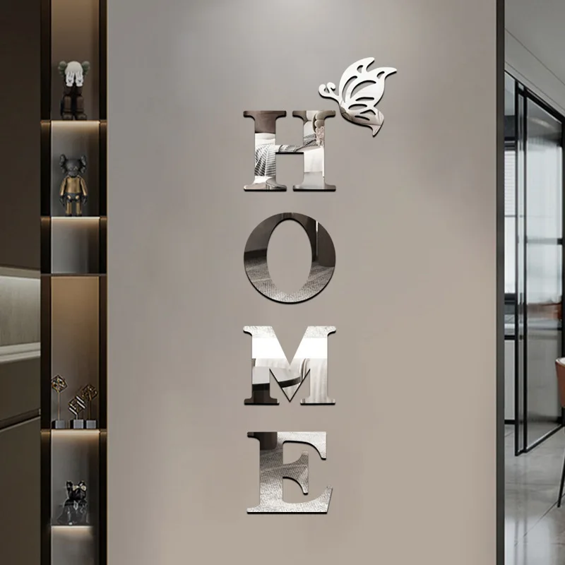 3D Mirror Wall Sticker 'HOME' Logo Entrance Decorative Adhesive Wall Mirror for Home Decor