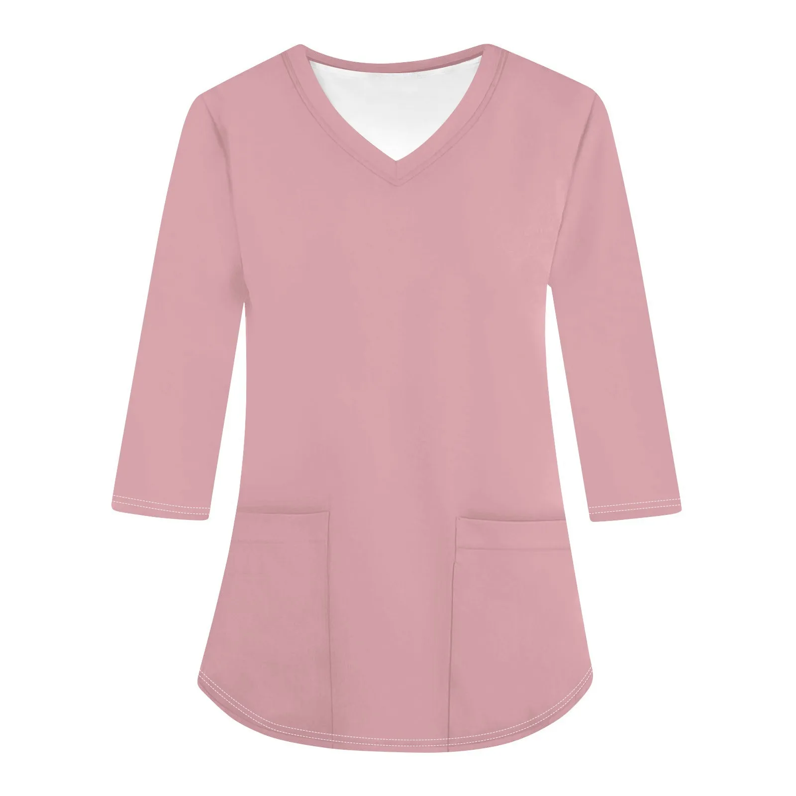 Uniforme de enfermeira solto com decote em v feminino com bolsos, cor sólida, uniforme de enfermagem de três quartos de manga curta casual de manga curta