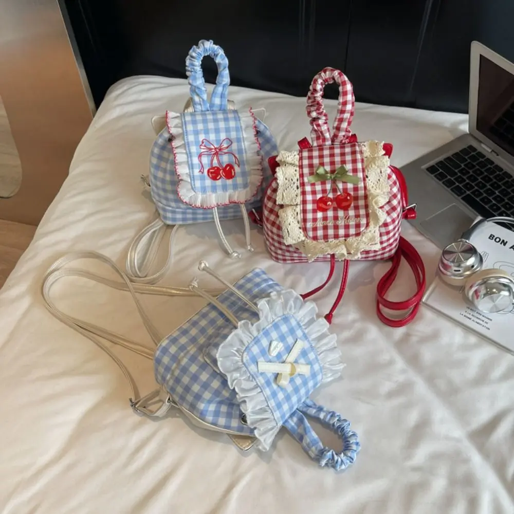 

Casual Korean Style Lace Plaid Backpack Canvas Travel Cherry Backpack Commute Large Capacity Bow Shoulder Bag College