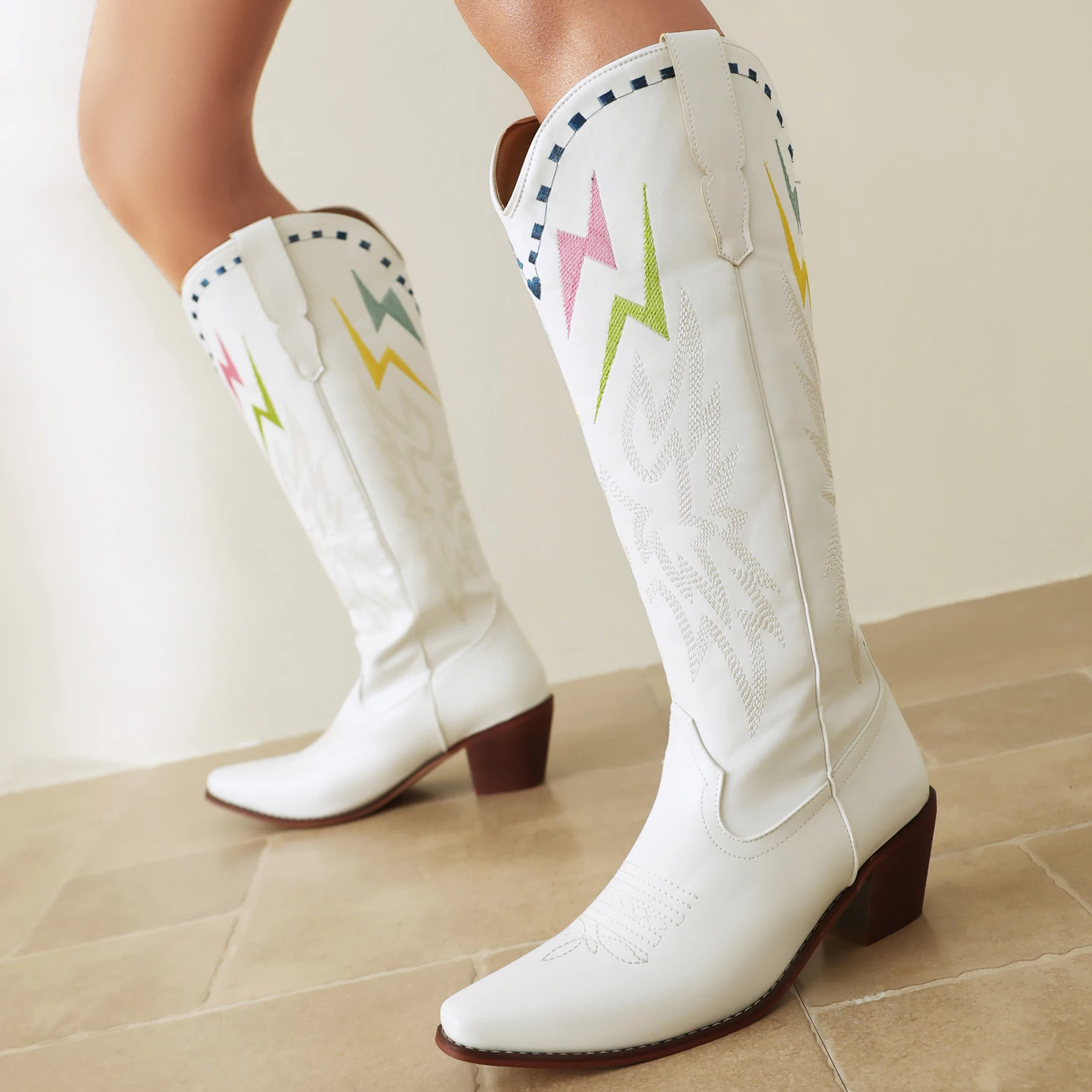 Women's Flash Embroidered Cowboy Tall Boots Knee High Western Boots Cowgirls Shoes for Wide Calf 2024 New Spring US Size 5.5-14