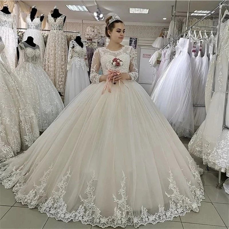 

ANGELSBRIDEP Elegant Long Sleeves Ball Gown Wedding Dresses With Lace Appliques Bridal Dresses Vestidos De Novia
