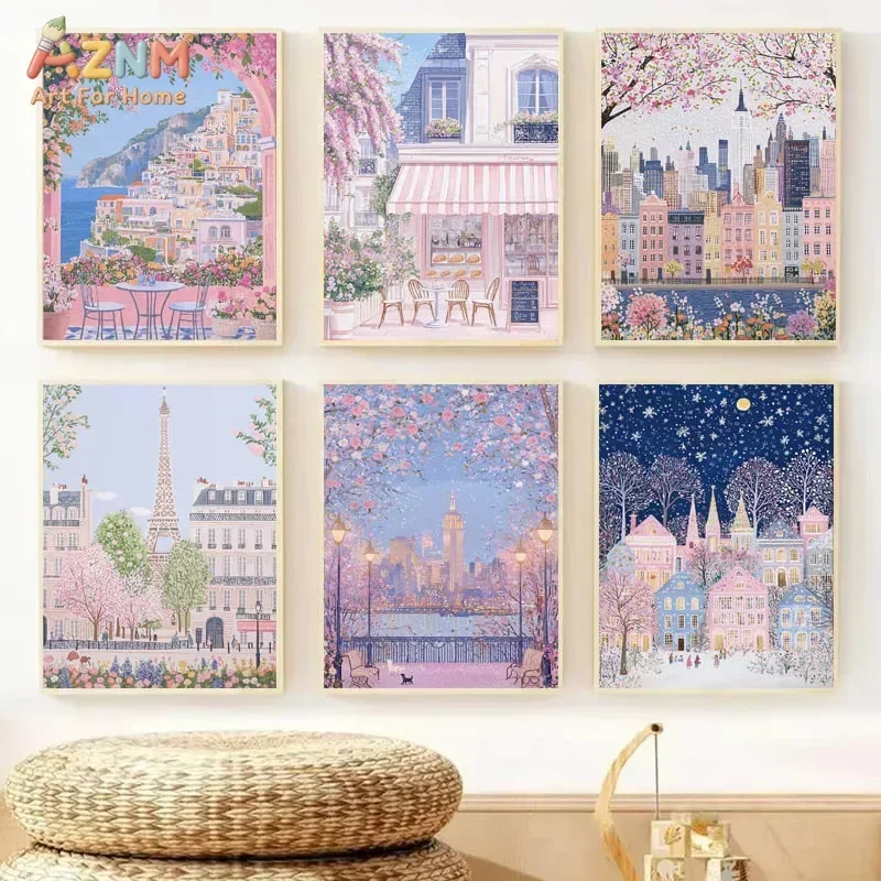 1PC,Modern Cityscape Travel Mural Pink Flowers Nature Landscape Buildings Art Poster European City Mural Unframed Home Decor