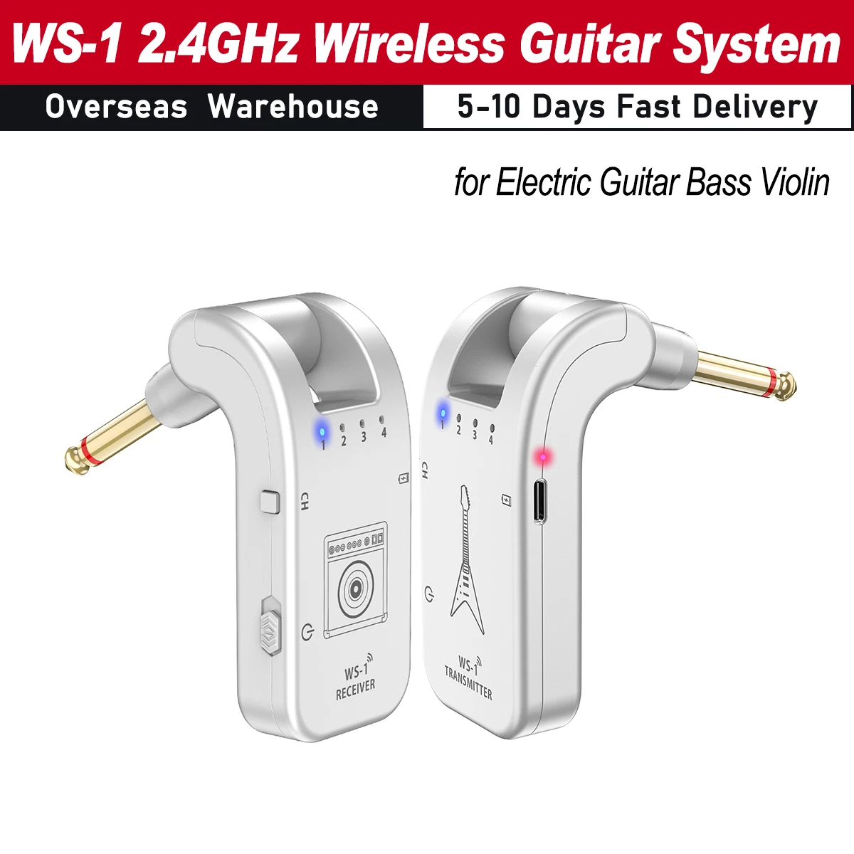 

WS-1 2.4GHz Wireless Guitar System Audio Transmitter and Receiver 4 Channels 30m Transmission for Electric Guitar Bass Violin