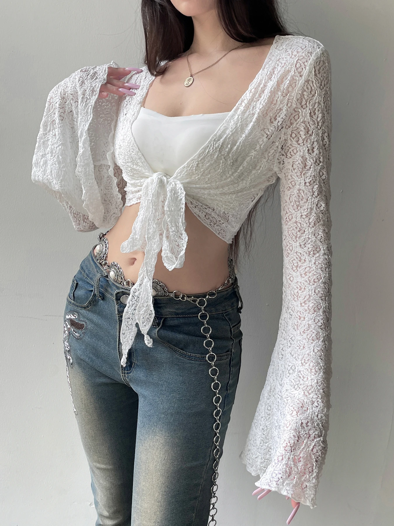 Rockmore Y2K Solid Flared Sleeve Cardigan Casual Lace-up Beach Cover-Ups Coquette White Long Sleeves Shirts Sunscreen Outwear