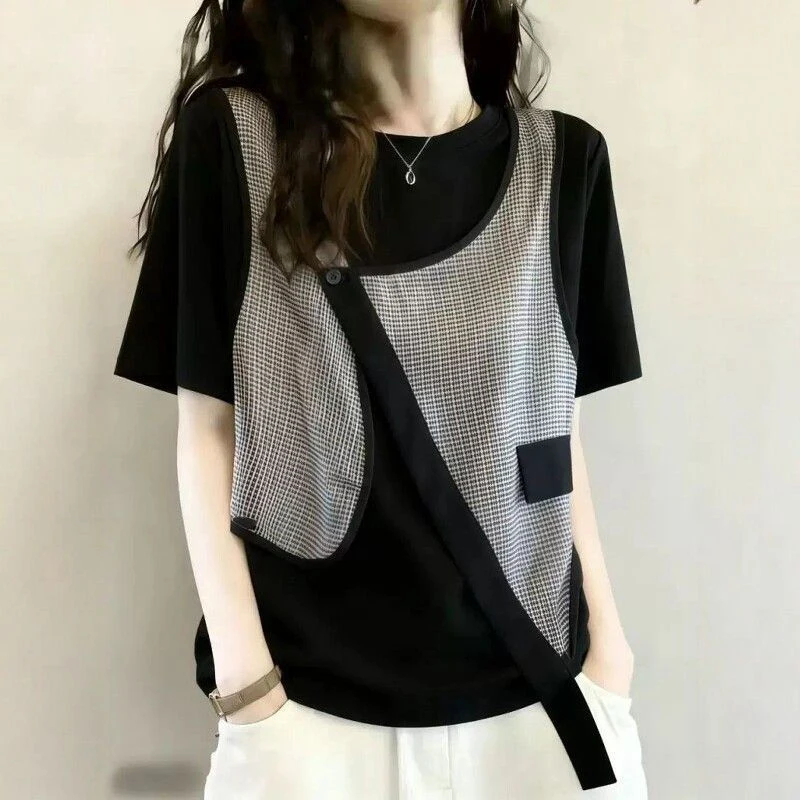 Women Fake Two Piece Plaid Vest Patchwork T Shirt 2026 Summer Loose Plus Size Slim Hide Belly Short Sleeve Crew Neck Casual Tee
