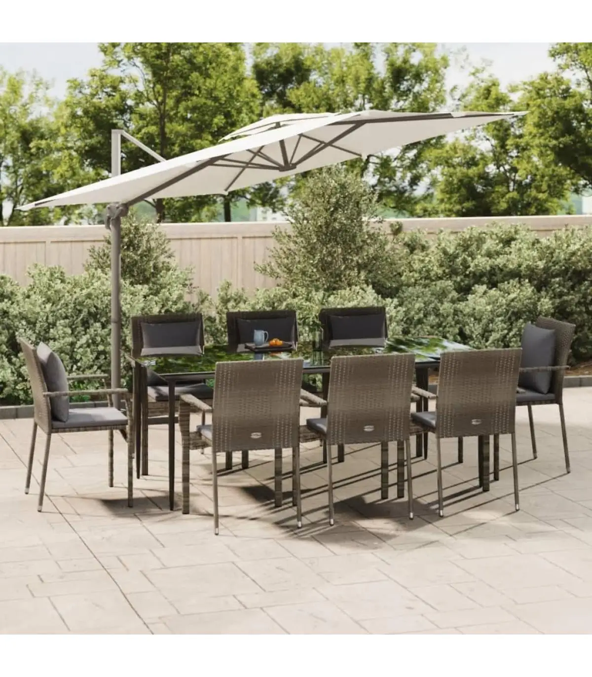 Garden sets garden dining room 9 PCs and cushions Black gray synthetic rattan