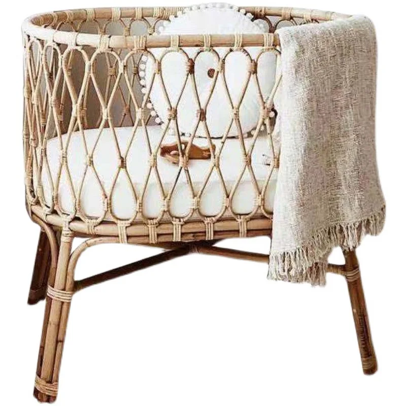 

French rattan crib Nordic retro pure handmade natural imported real rattan rattan crib