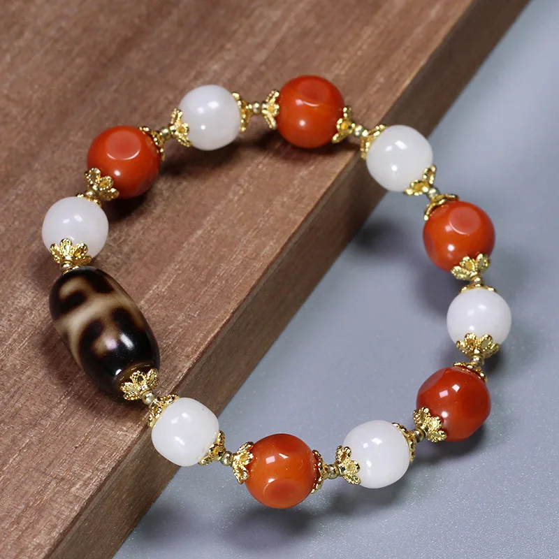 

Black Gold Dzi Bead Red Hetian Jade Bracelet Chain 11X19Mm Vintage Fashion Versatile Style