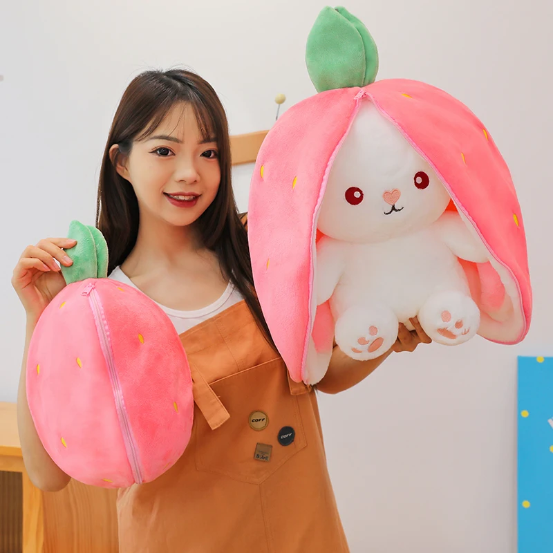 Internet Beroemde Transformerende Konijn Knuffel Roze Aardbei Bunny Kussen Plushie Kawaii Knuffeldier Cadeau Kerstcadeau
