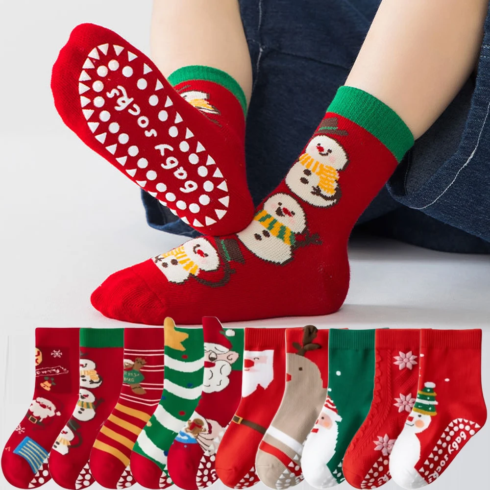 1/5 Pairs Kids Cotton Socks Sets for Baby Girls Boys Christmas 2026 New Non-slip Cute Cartoon Santa Claus Baby Xmas Floor Socks