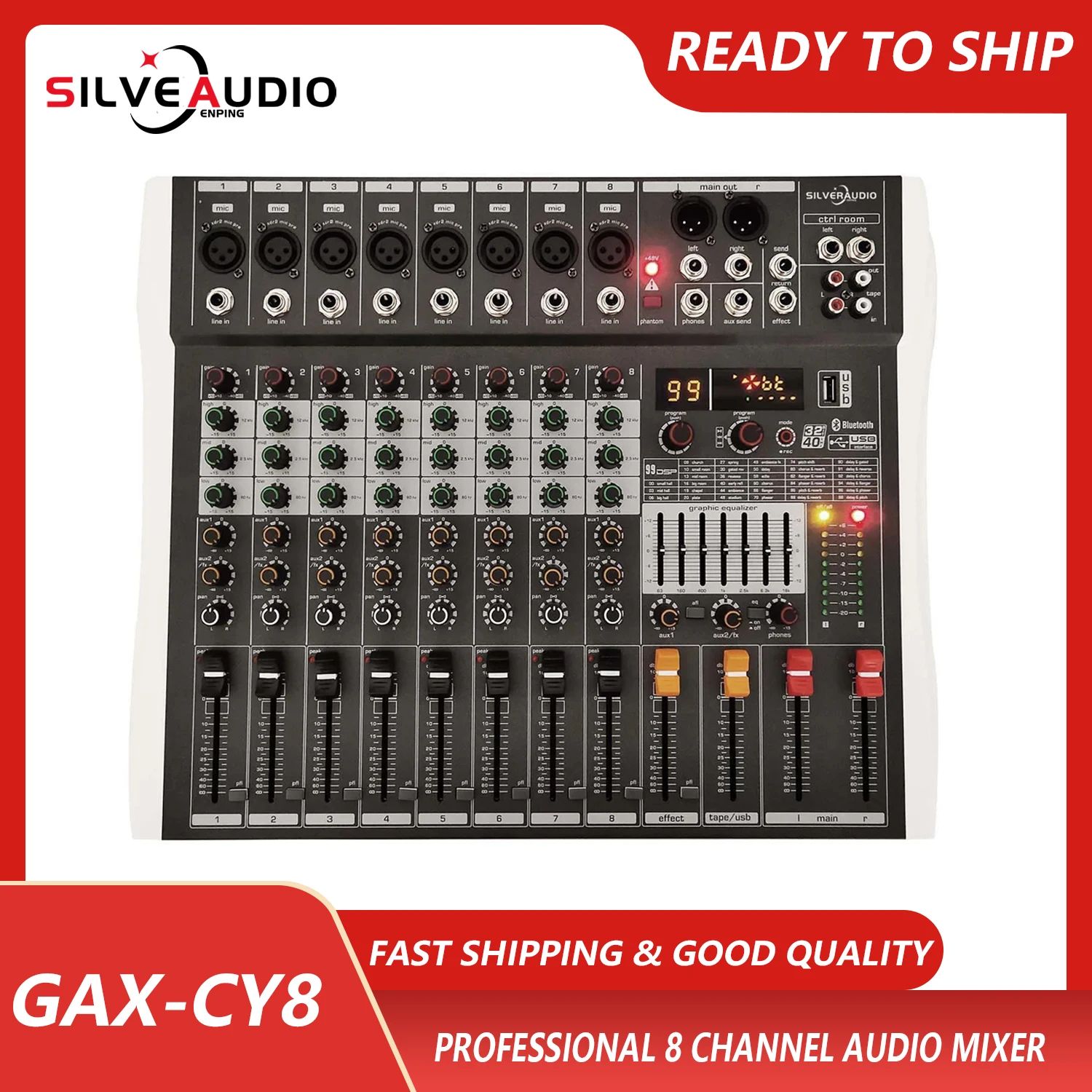 GAX-CY8 Hot Sale Professional 8 Channels Audio Mixer USB DJ Sound Mixing Console 99 DSP Effects