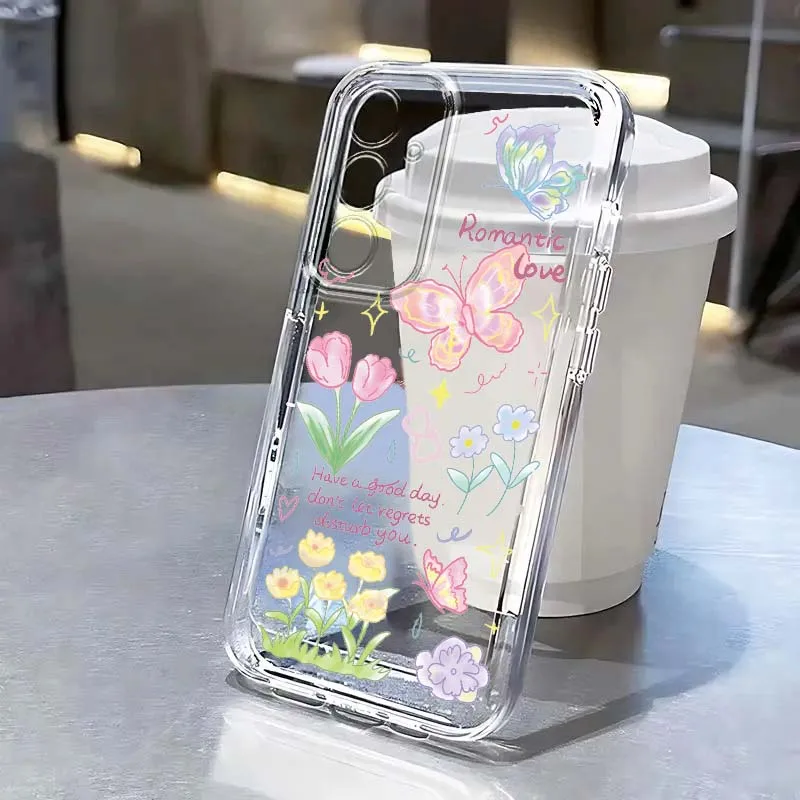 Luxury Simple Butterfly Flower For Samsung A71 A51 A55 A52 A35 A25 A37 A17 A07 A54 A15 A14 A05 A13 A73 5G Transparent Phone Case