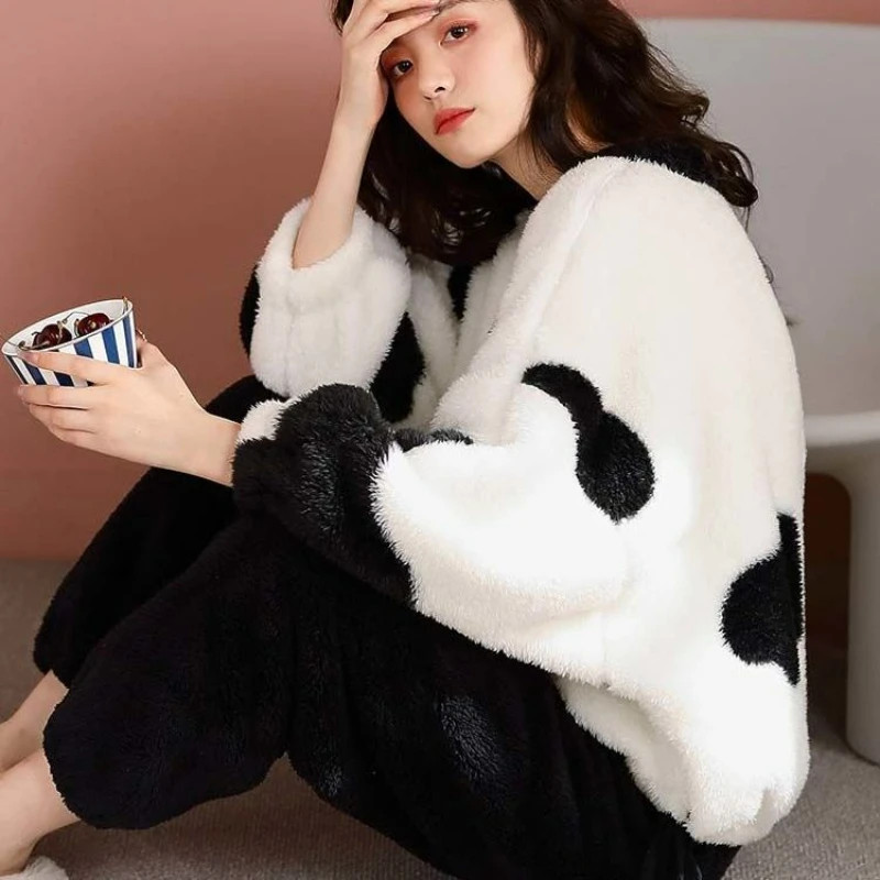 Cow Pajama Lady Autumn Winter Homeservice Coral Flannel Sleepwear Cute Student Nightdress Thickened Fluffy Pullover Homewear