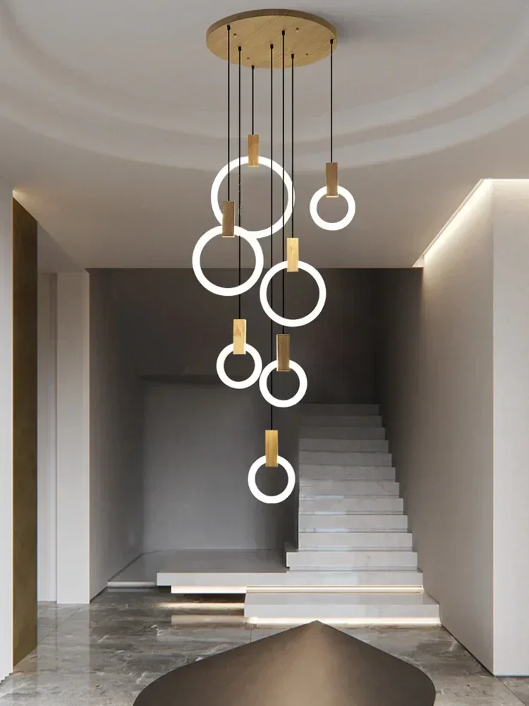 

LED Chandelier Modern ceiling living room Wooden lighting Acrylic Ring fixtures stairs deco hanging lights dining pendant lamps