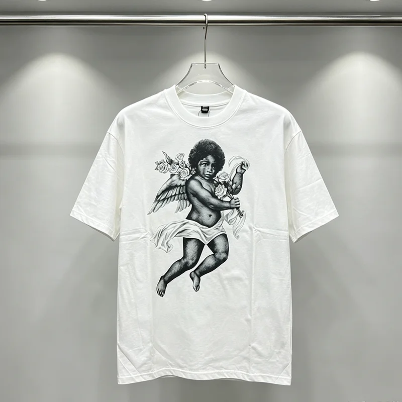 PATTA Men Short Sleeve T-Shirt Cherub Angel Rose Graphic Print Crew Neck White Loose Casual Tee
