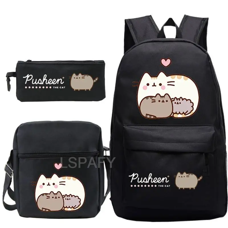 Mochila escolar dos desenhos animados para meninos e meninas, Mochilas Fat Cat, Book Bag, Teen Sharkdog Knapsack, moda casual, 3pcs por conjunto