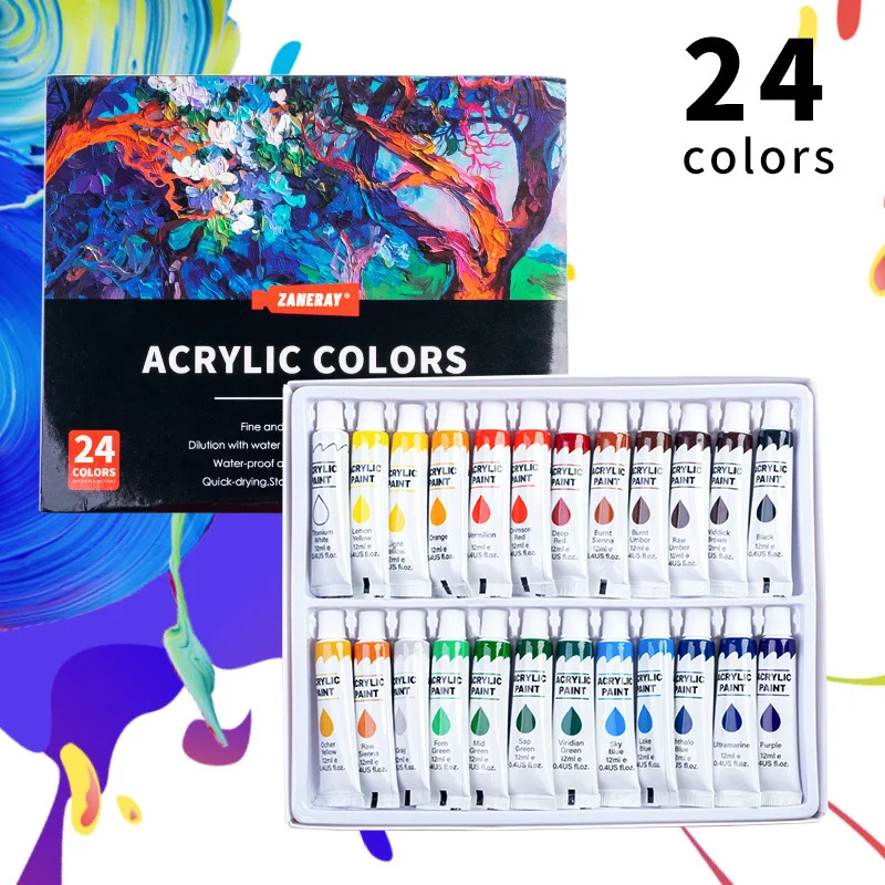 12/24 Colors 12ml Acrylic Paint Set, Professional Art Supplies for Canvas, Wood & Ceramics, for Students, Beginners & DIY