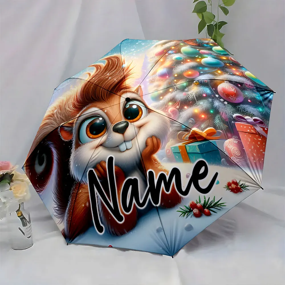 Custom Name Festive Squirrel Umbrella with Christmas Tree Design Print 8 Iron Ribs Folding Umbrella Auto-Open Fashion Sunshade