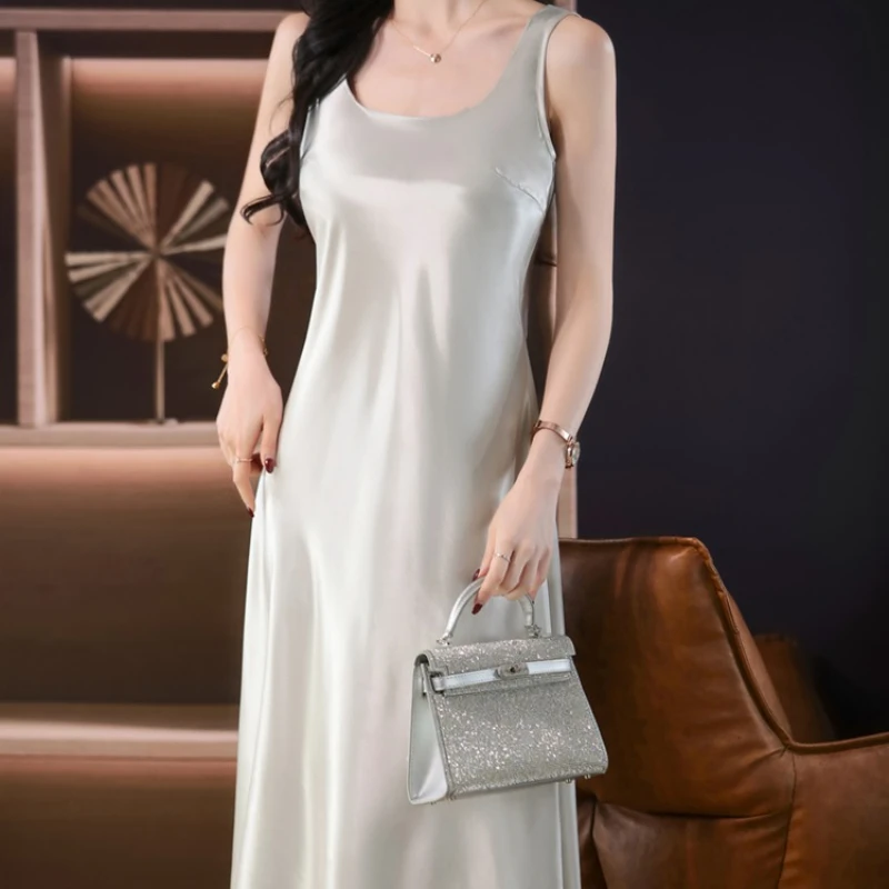 ซาตินElegant Dress 2025 ใหม่U-คอกว้างสายคล้องไหล่ชุดซาตินสําหรับผู้หญิงเกาหลีแฟชั่นผู้หญิงเสื้อผ้าS-3XLชุดยาว