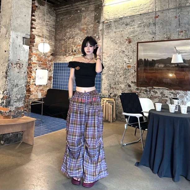 

Широкие брюки KUKUDEMI с контрастным принтом винного цвета, повседневные, в корейском стиле, с завышенной талией, длинные