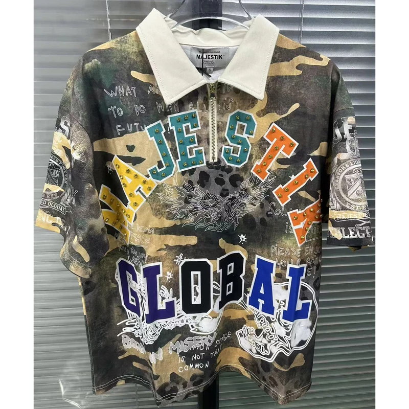 American Street Camo Leopard Print Half Zip Polo Shirts Rivet Letter Oversized Collar Majestik Short Sleeve Tees