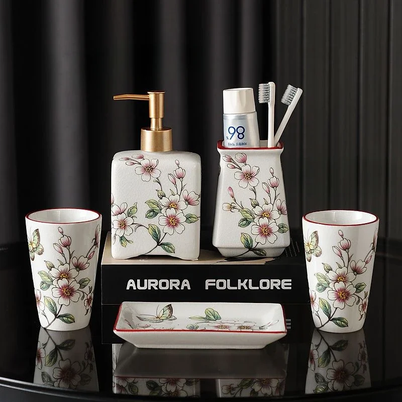 Chinese style Ceramic Bathroom Wash Set Mouthwash cup Lotion bottle tray Aromatherapy plate Begonia flower pattern home decor